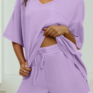 Orchid Petal Solid Color Waffled V Neck Loose Tee Drawstring Shorts Set