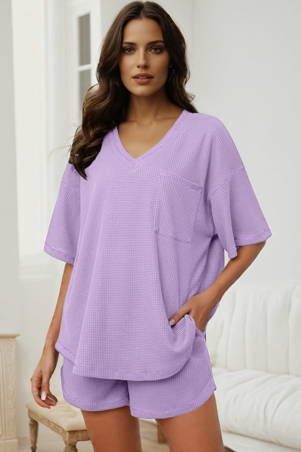 Orchid Petal Solid Color Waffled V Neck Loose Tee Drawstring Shorts Set