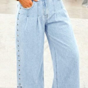 Beau Blue Studded Side Slit Leg Frayed Pocketed Wide Leg Jeans