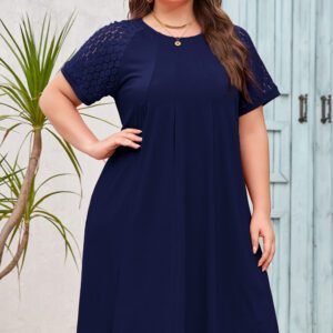 Navy Blue Plus Size Solid Color Lace Short Sleeve Pleated Swing Dress