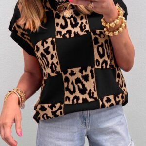 Black Leopard Checkerboard Short Sleeve Knit Sweater