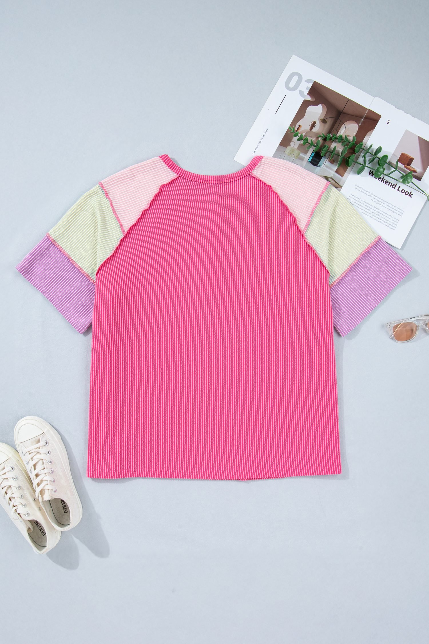 Bright Pink Plus Size Twisted Rib Color Block Patchwork Short Sleeve Henley Top