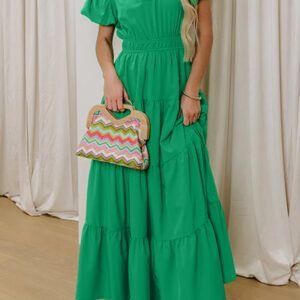 Bright Green Solid Color V Neck Short Puff Sleeve High Waist Tiered Maxi Dress
