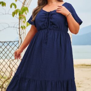 Blue Plus Size Short Sleeve Lace-up High Waist Midi Dress