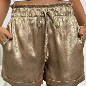 Gold Metallic Luster Tie Elastic Waist Cuffed Hem Shorts