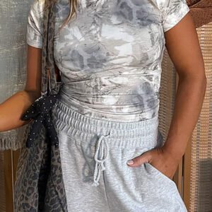 Gray Abstract Woodland Print Slim Fitted T Shirt