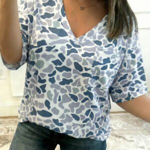 Gray Camouflage Print Single Chest Pocket V Neck Tee