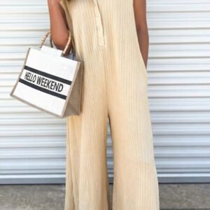 Jet Stream Half Buttons Ribbed Knit Wide Leg Jumpsuit