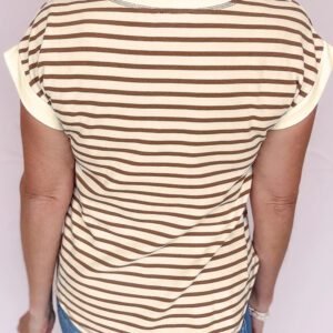 Khaki Stripe Half Buttons Round Neck T Shirt