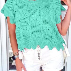 Mint Green Pointelle Knit Patterned Scalloped Trim Short Sleeve Sweater
