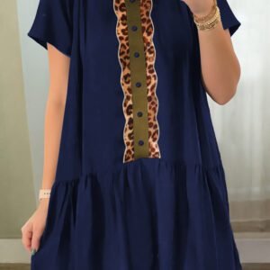 Navy Blue Button Detail Leopard Metallic Trim Short Sleeve Tunic Dress