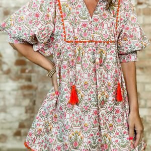 Pink Floral Print Tassel Tie V Neck Scalloped Detail Loose Mini Dress