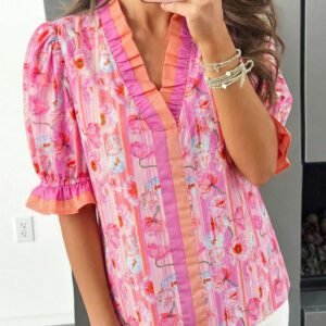 Pink Poppy Flower Striped Print Color Block Trim V Neck Short Sleeve Blouse