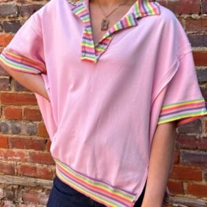 Pink Rainbow Stripe Ribbed Patchwork Raw Seam Oversize Polo Tee
