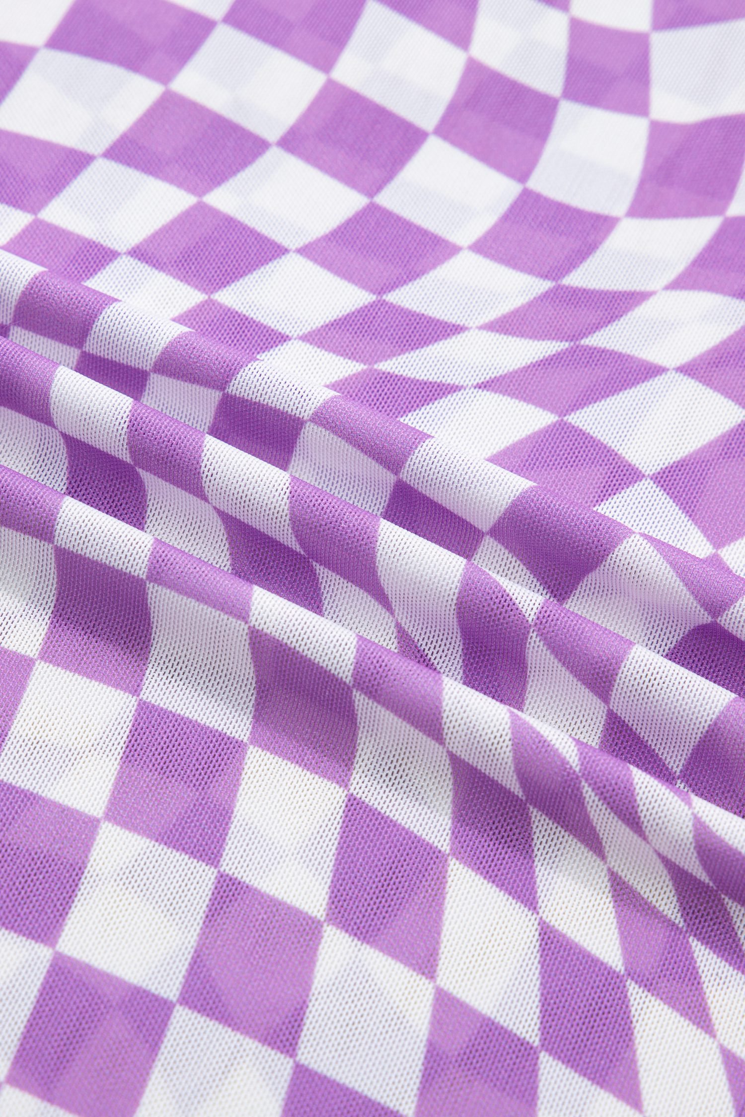 Purple Checkered Print Mock Neck Mesh T Shirt