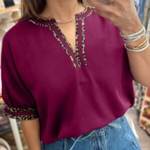 Red Dahlia Contrast Leopard Trim V Neck Short Sleeve Blouse