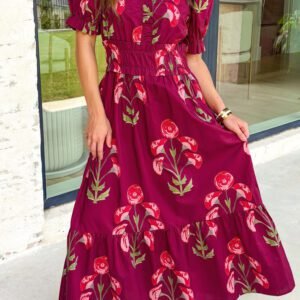 Red Floral Print Frilled V Neck Short Sleeve Ruffle Maxi Dress