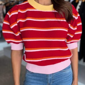 Red Stripe Colorblock Trim Half Sleeve Sweater Top