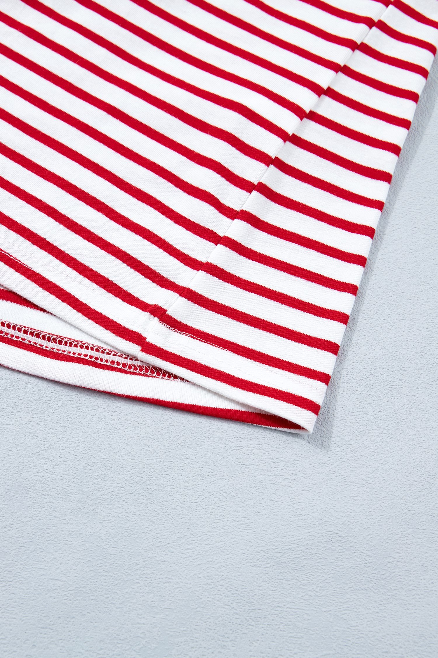 Red Stripe Contrast Trim Round Neck Short Puff Sleeve T Shirt