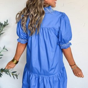 Sky Blue Embroidered Smocked Detail V Neck Short Puff Sleeve Mini Dress