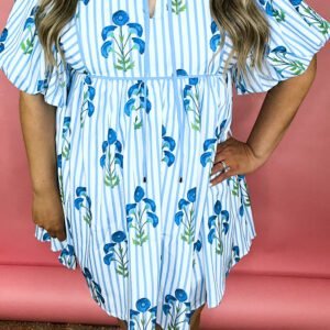 Sky Blue Floral Striped Bubble Short Sleeve Plus Size Dress