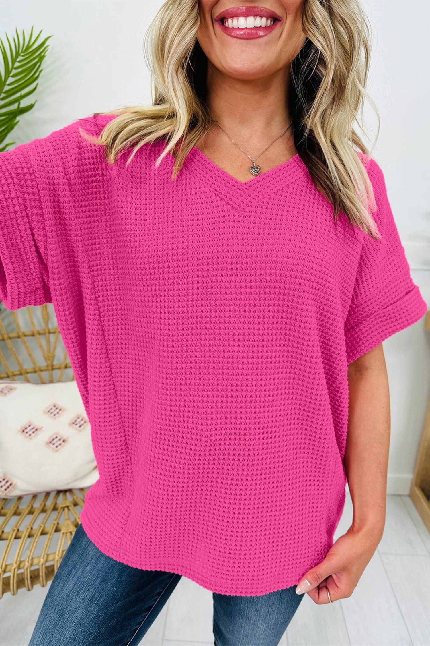 Strawberry Pink Waffle V Neck Short Sleeve Knit Top