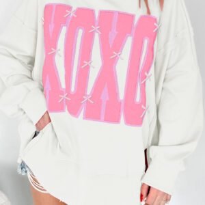 White Bow Sequin XOXO Letter Graphic Exposed Seam Baggy Sweatshirt