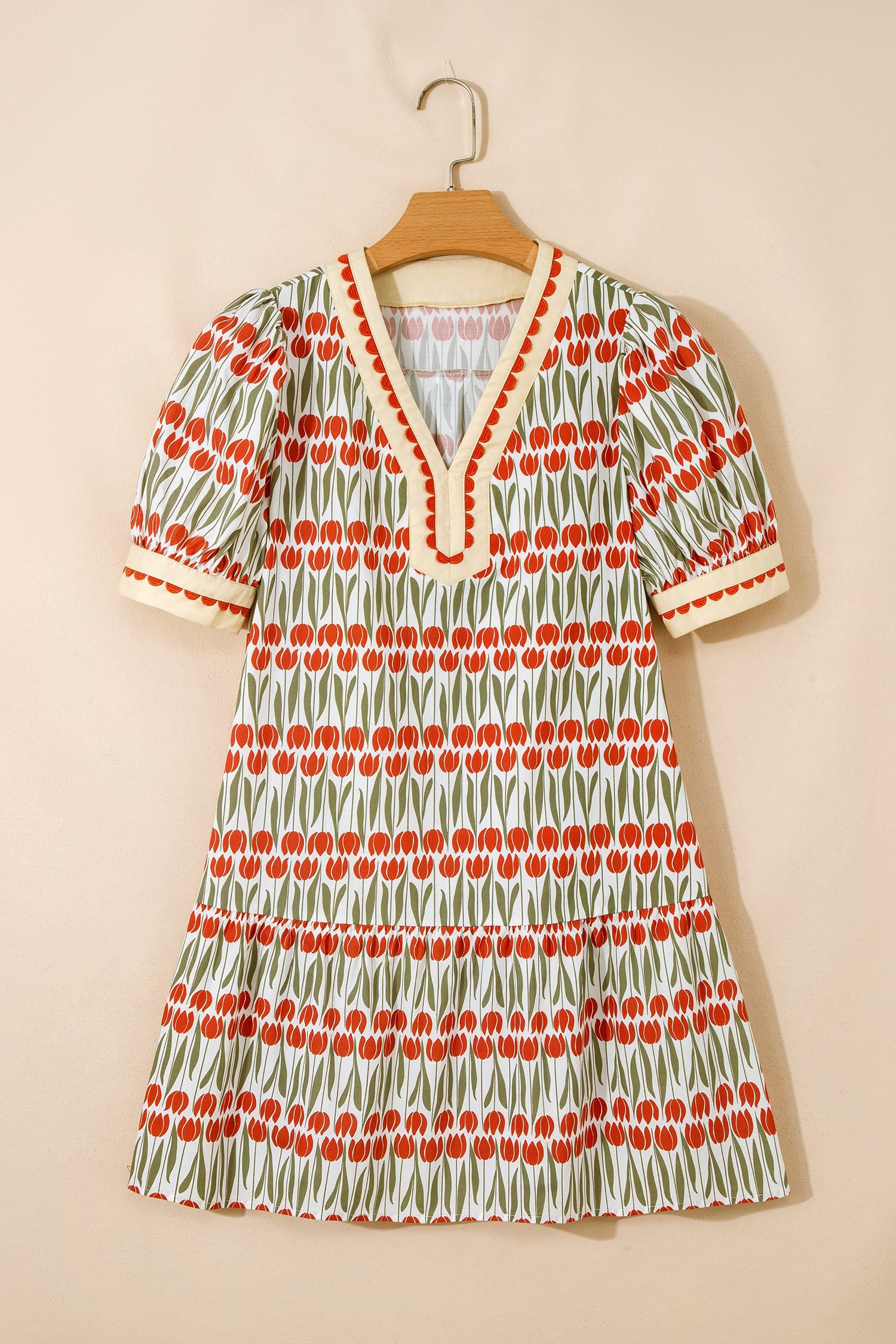 White Tulip Floral Print Cotton Puff Short Sleeve Mini Dress