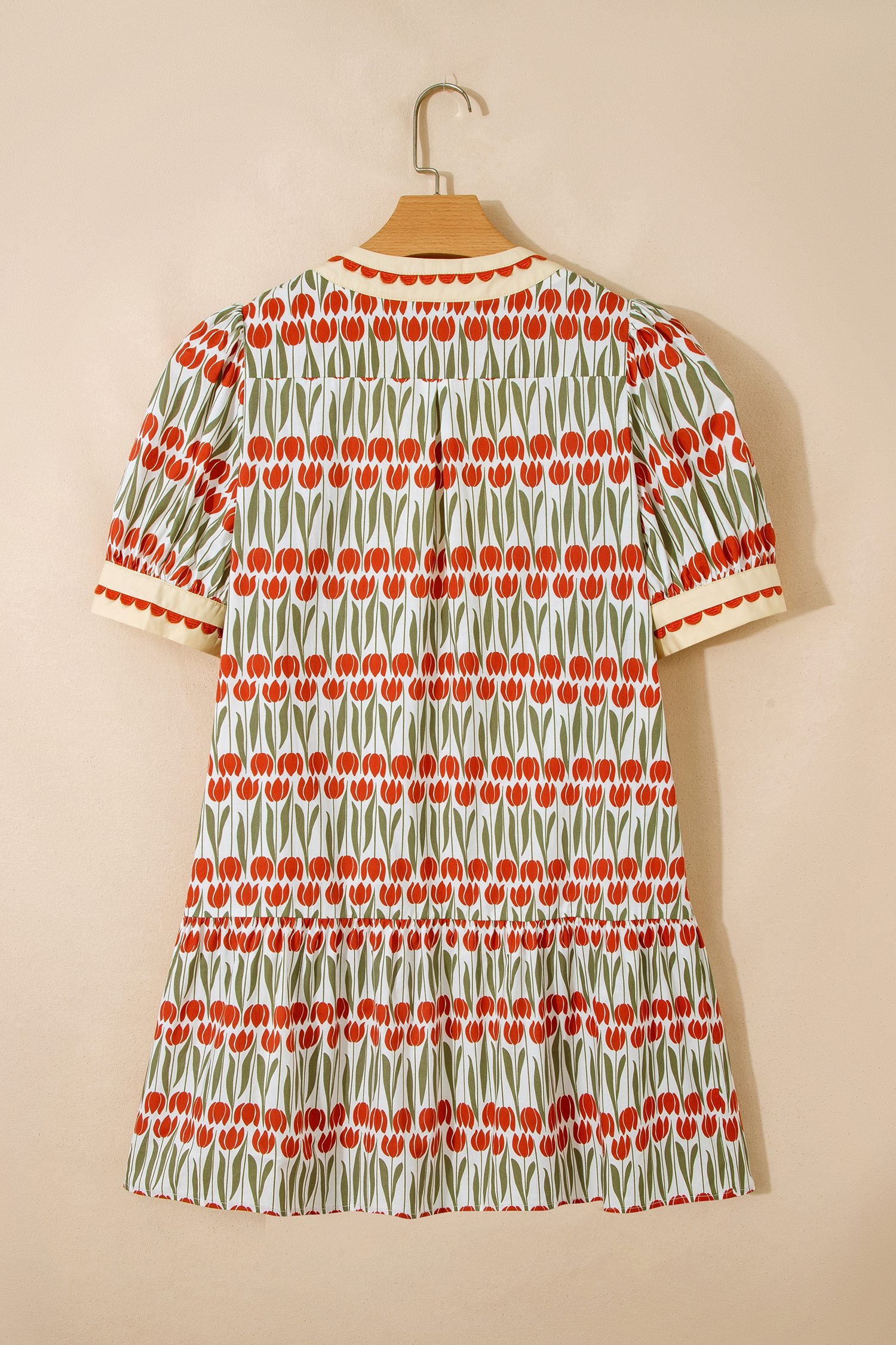 White Tulip Floral Print Cotton Puff Short Sleeve Mini Dress