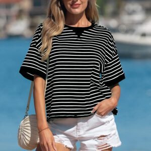 Black Stripe Ribbed Patchwork Seam Detail Half Sleeve Tee