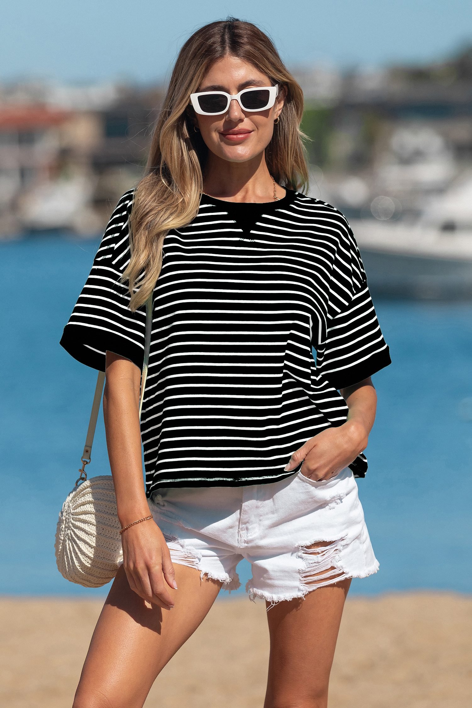 Black Stripe Ribbed Patchwork Seam Detail Half Sleeve Tee