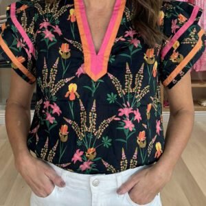 Black Floral Print Contrast Trim Tiered Ruffled Short Sleeve Blouse