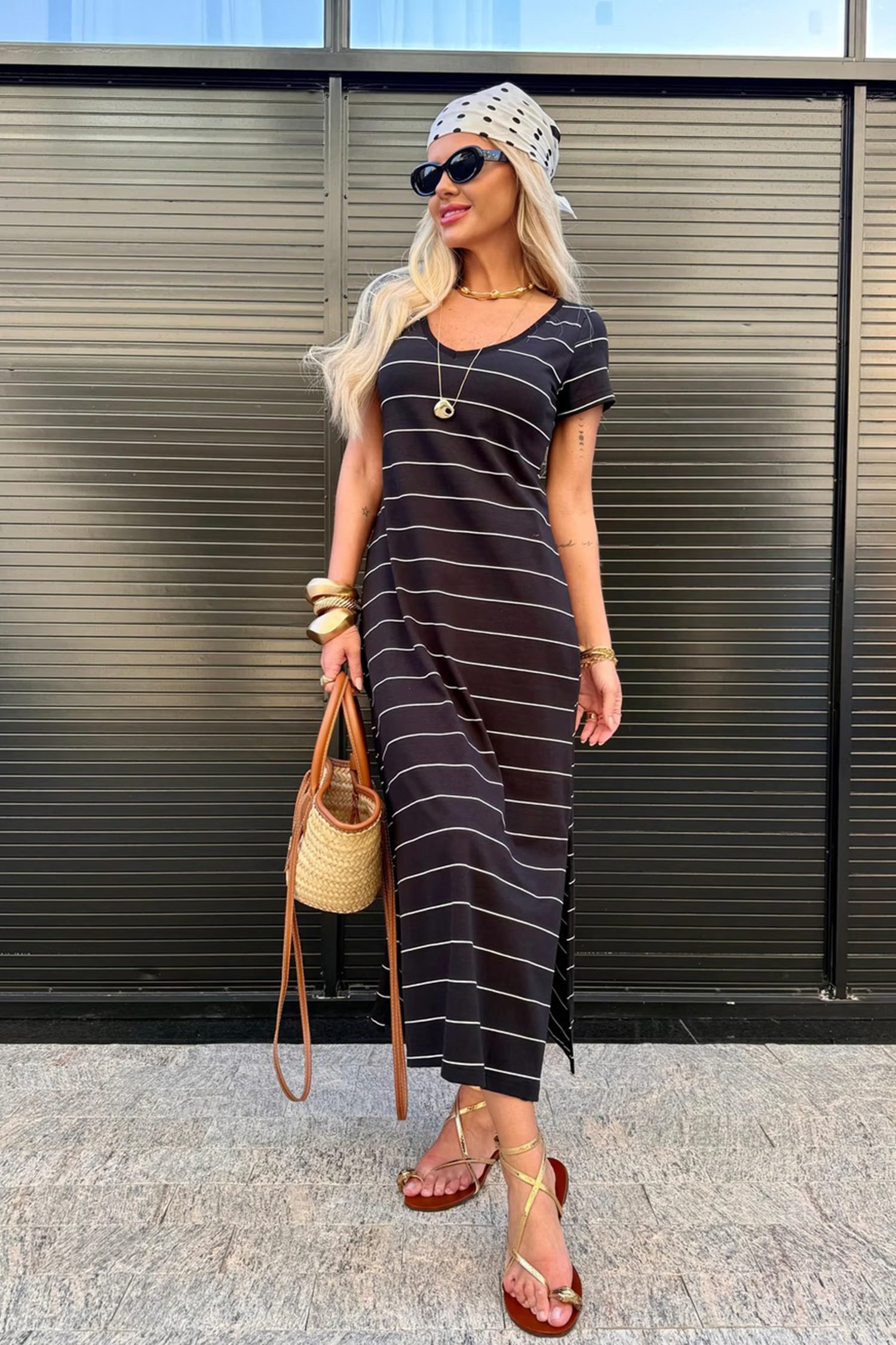 Black Stripe Casual Short Sleeve Side Slit Maxi T Shirt Dress