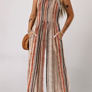 Yellow Stripe Square Neck Sleeveless Smocked Bodice Wide Leg Jumpsuit