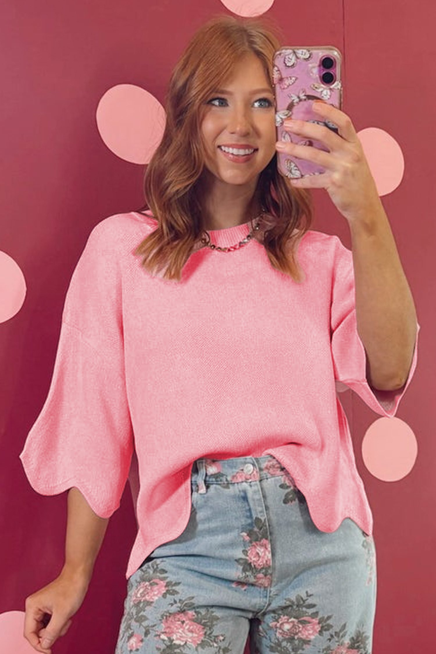 Pink Scalloped Hem 3/4 Sleeve Sweater Top