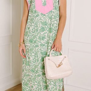 Green Floral Print Color Block Patchwork V Neck Short Sleeve Midi Dress