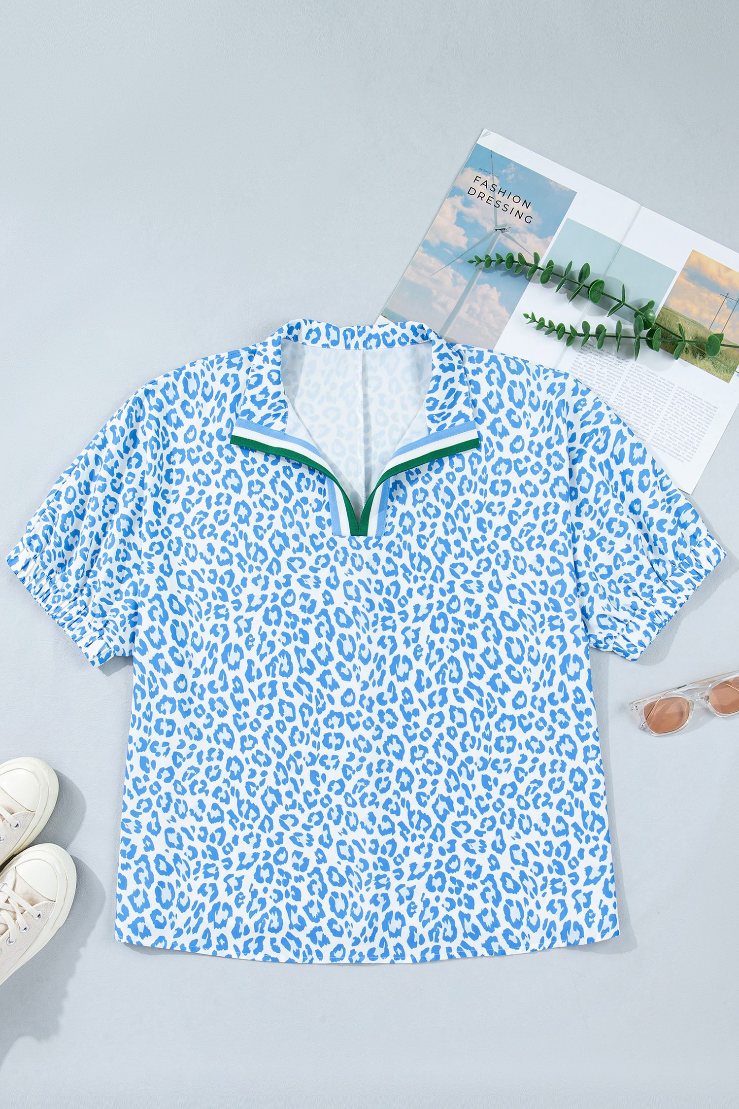 Sky Blue Striped V Neckline Half Sleeve Plus Size Leopard Blouse