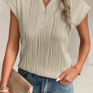 Apricot Wavy Textured Button V Neck Tee