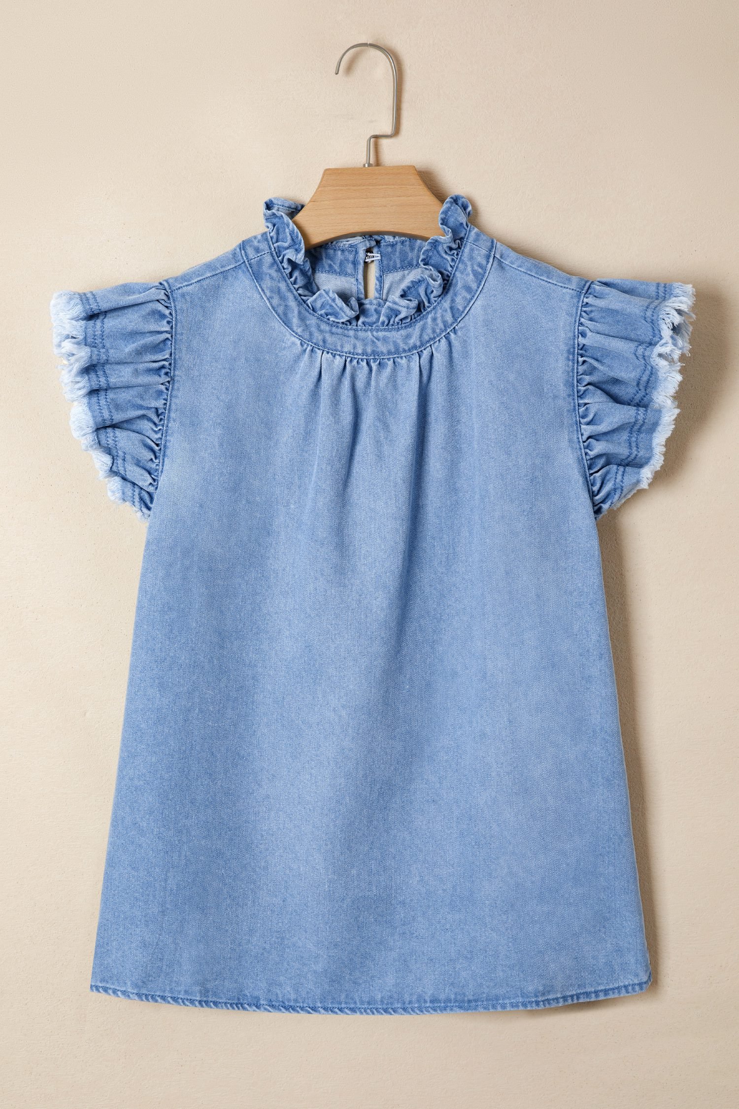 Beau Blue Frilled Collar Flutter Sleeve Denim Top