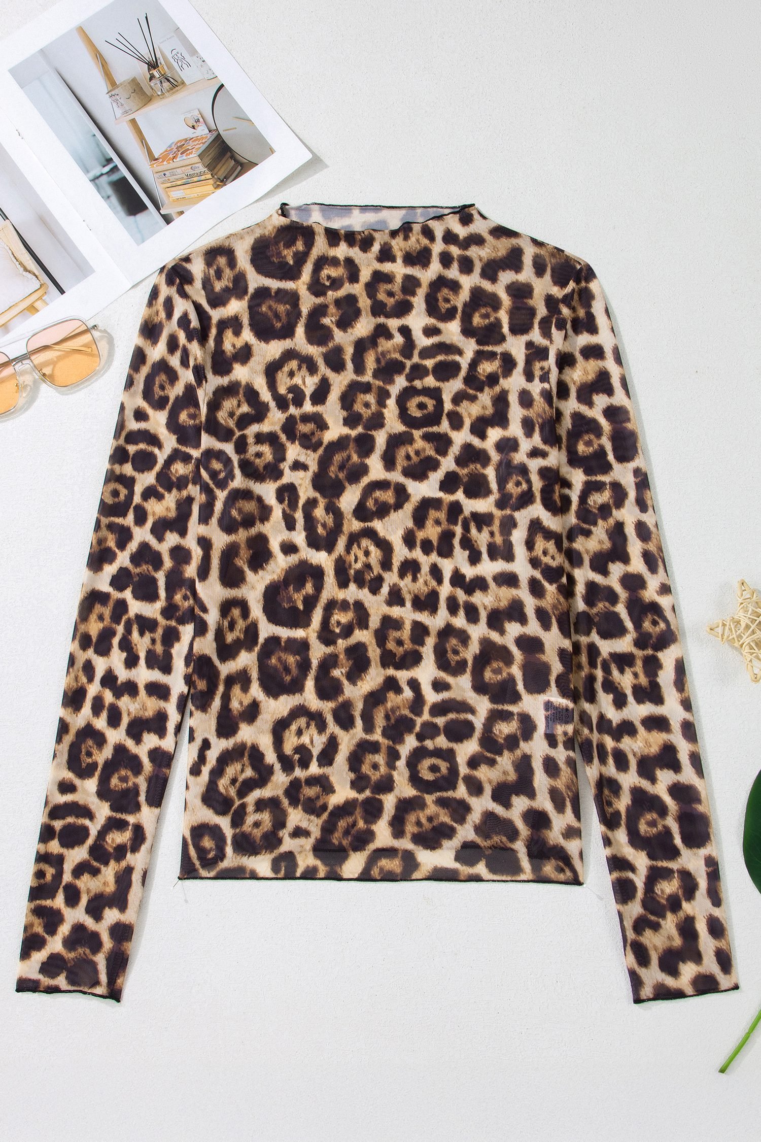 Camel Leopard Print Slim Fit Mesh Long Sleeve Mock Neck Top