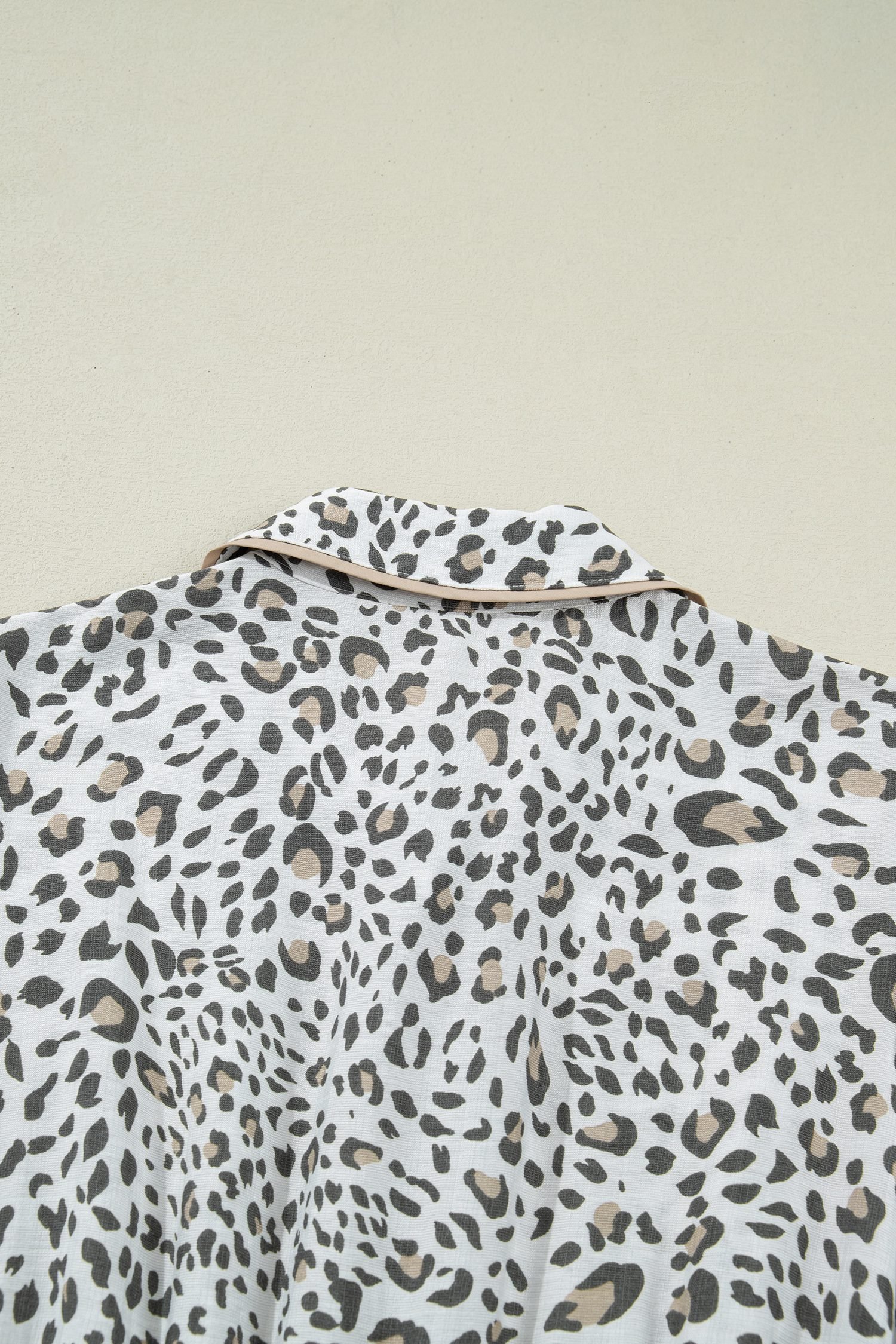 White Leopard Contrast Trim Button Front Short Puff Sleeve Long Dress