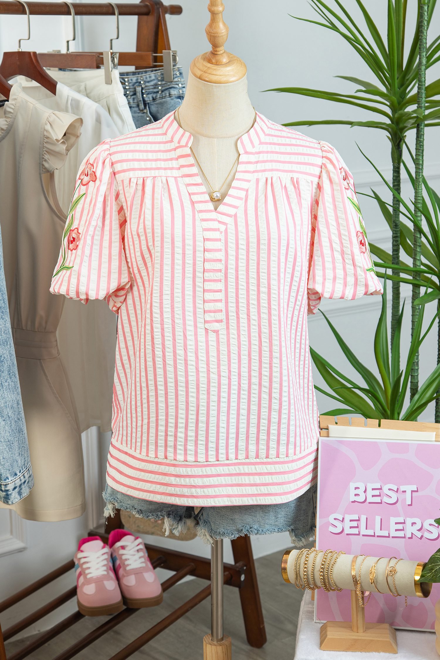 Pink Stripe Print Floral Embroidered Puff Sleeve V Neck Blouse