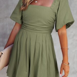 Jungle Green Square Neck Ruched Puff Sleeve Romper