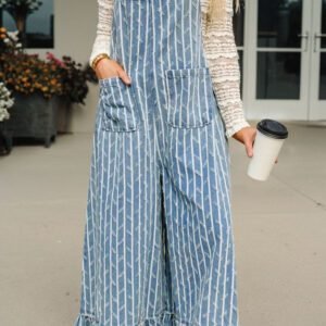 Myosotis Striped Distressed Ruffled Wide Leg Denim Overalls