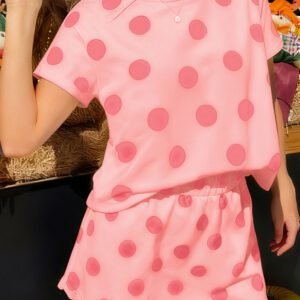 Pink Polka Dot Short Sleeve Top Casual Skort 2pcs Outfit
