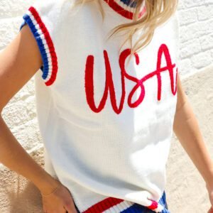 White USA Contrast Striped Trim Round Neck Short Sleeve Sweater