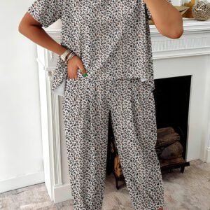 White Leopard High-Low Loose Tee Ankle Length Pants Set