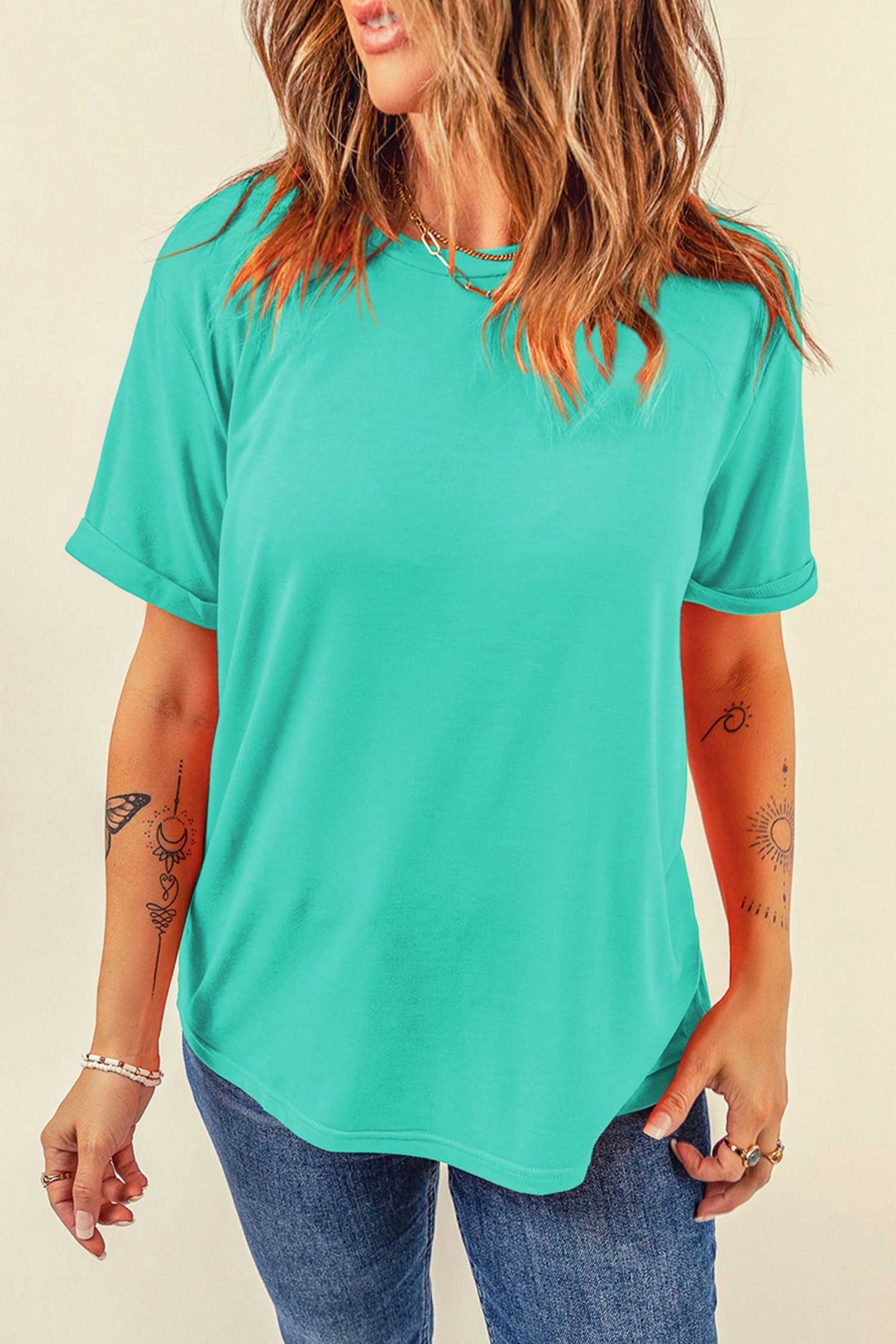 Mint Green Casual Plain Crew Neck Tee