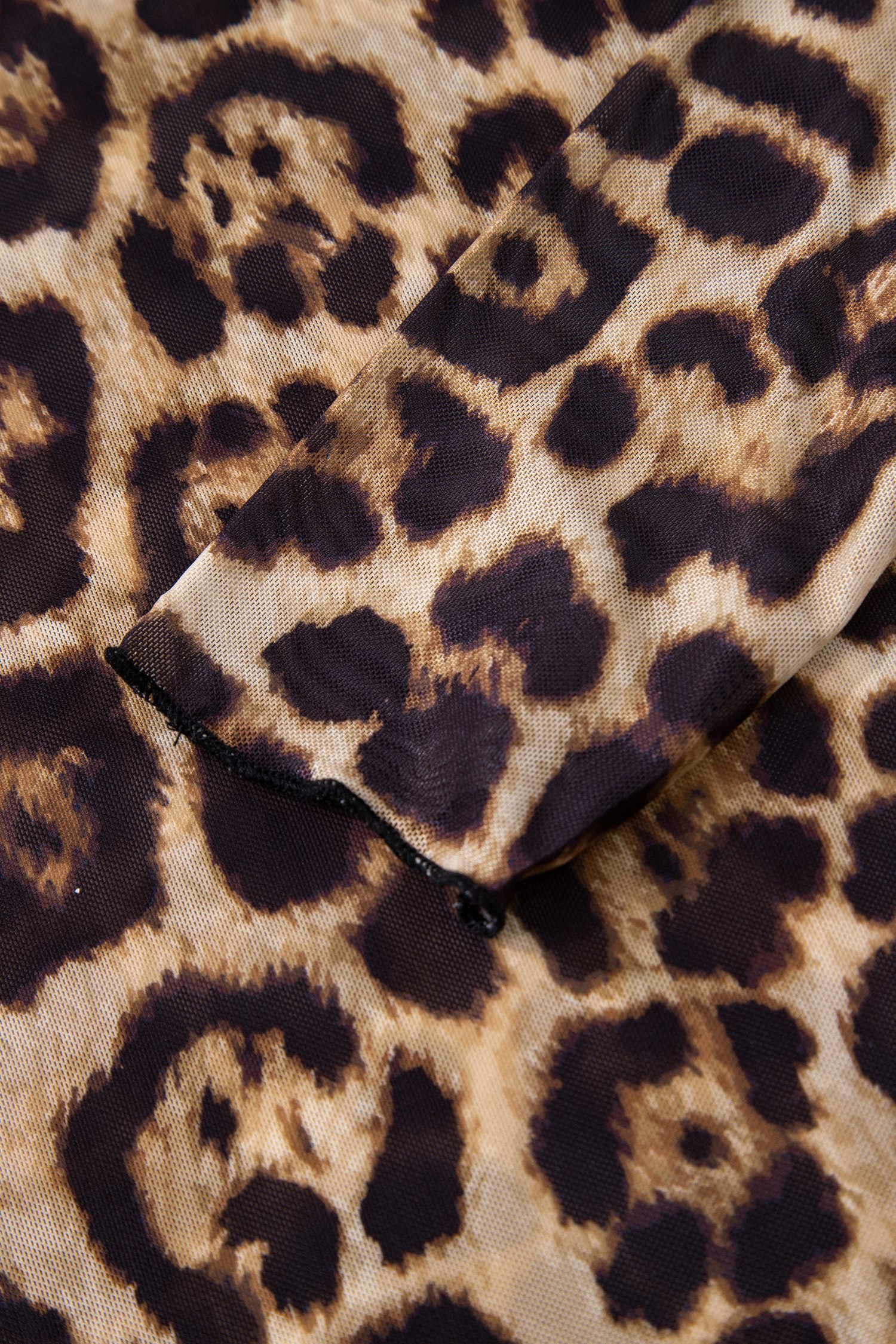 Camel Leopard Print Slim Fit Mesh Long Sleeve Mock Neck Top