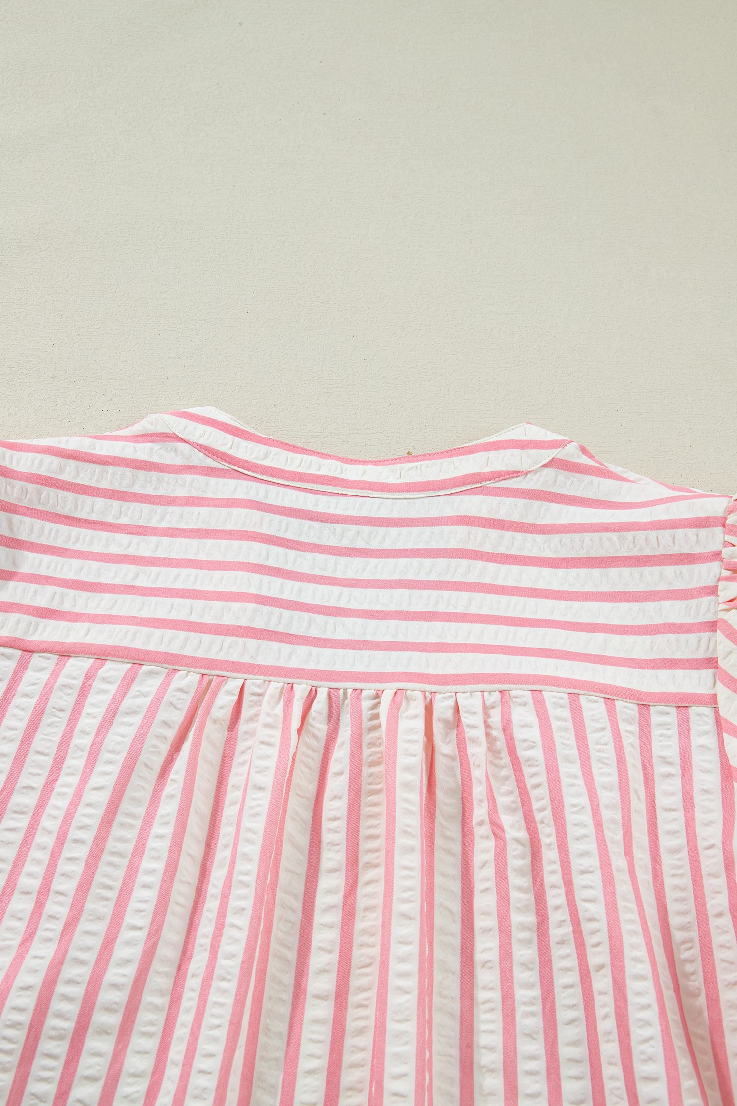 Pink Stripe Print Floral Embroidered Puff Sleeve V Neck Blouse